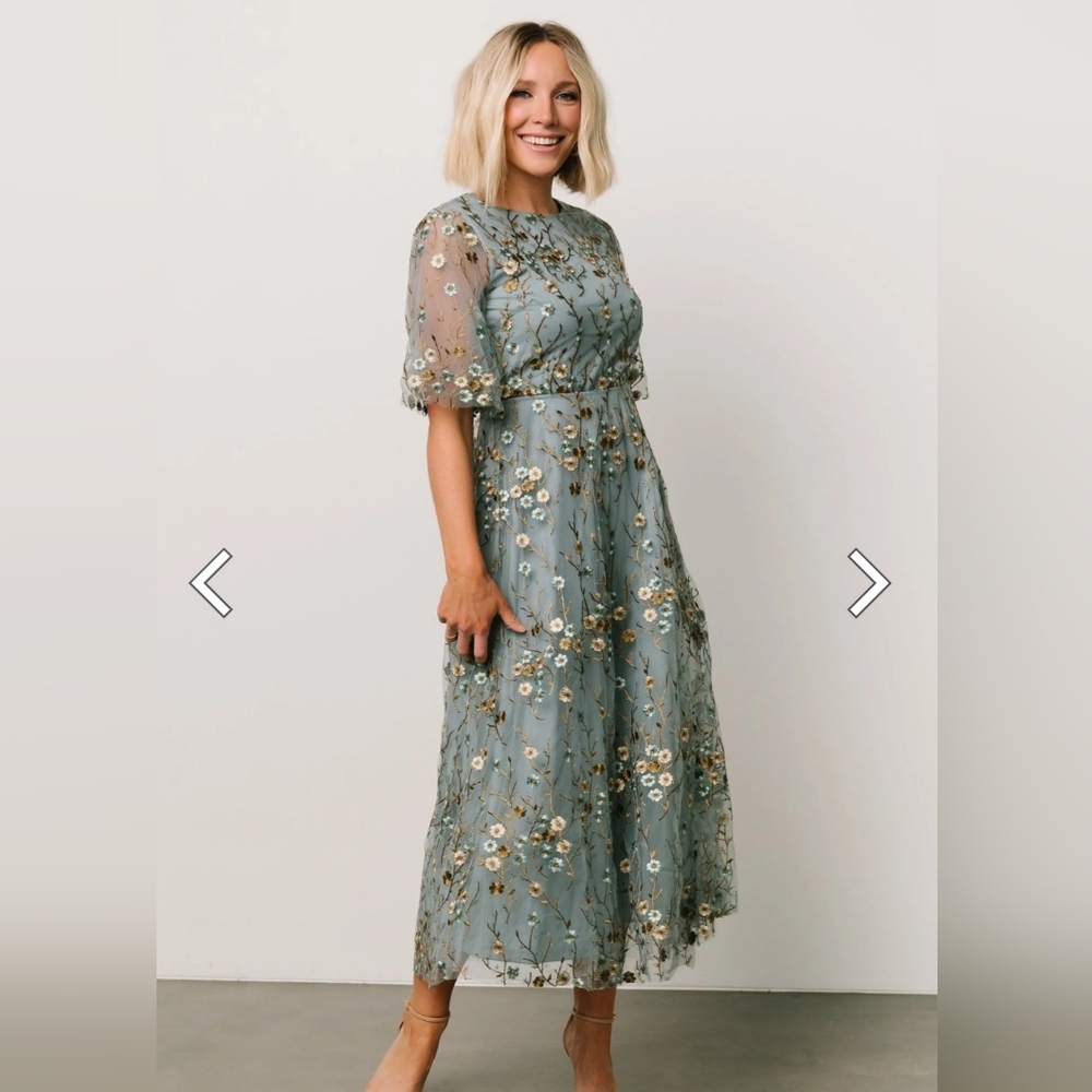 Baltic Born Arabella Embroidered Tulle Maxi Dress Dusty Blue Floral Size XL